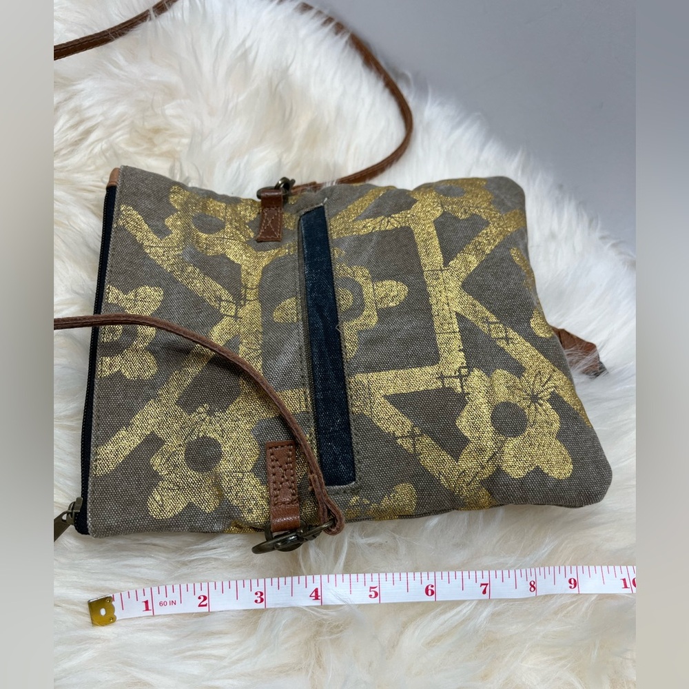 Mona B. Up cycled Coated Canvas Crossbody w Vegan Leather Metallic Gold Design - Picture 16 of 17